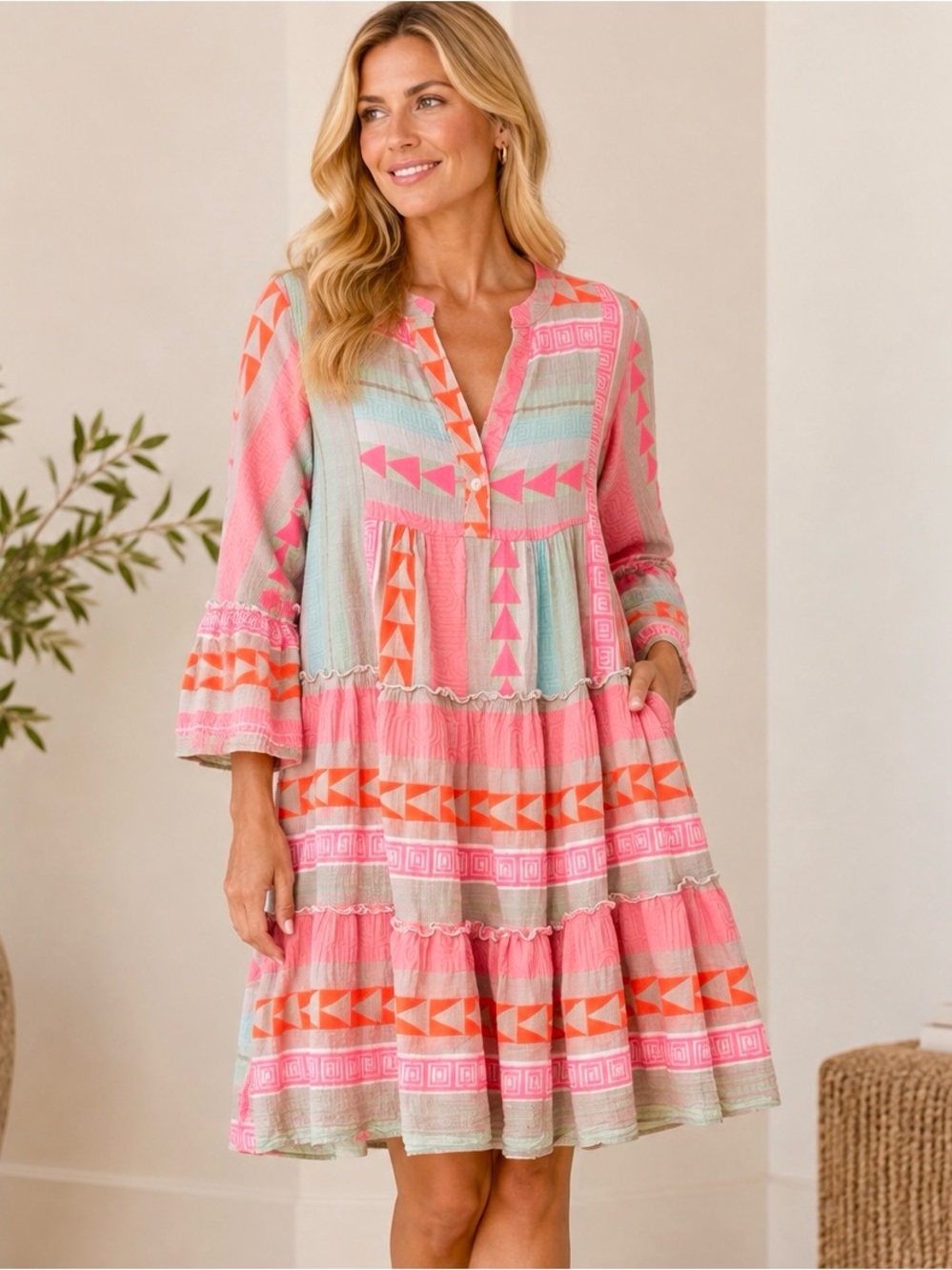Sofia Boho Tiered V-Neck Smock Dress in Pink, Mint, Tan & Coral